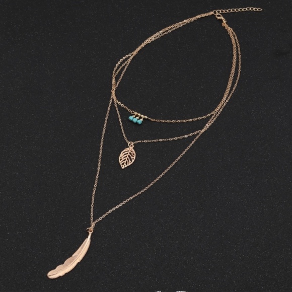 Boho Turquoise Leaf Feather Layered Necklace (#2) - Picture 12 of 13